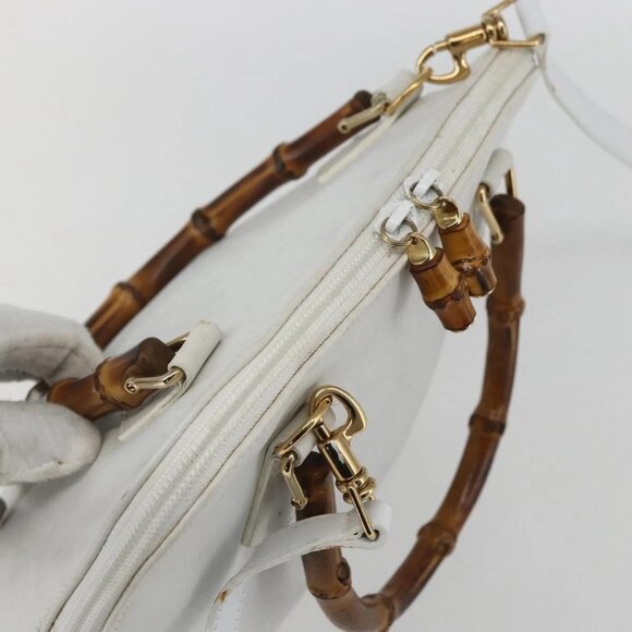 GUCCI Bamboo Hand Bag Leather White Gold Auth ki6188 - Picture 7 of 16